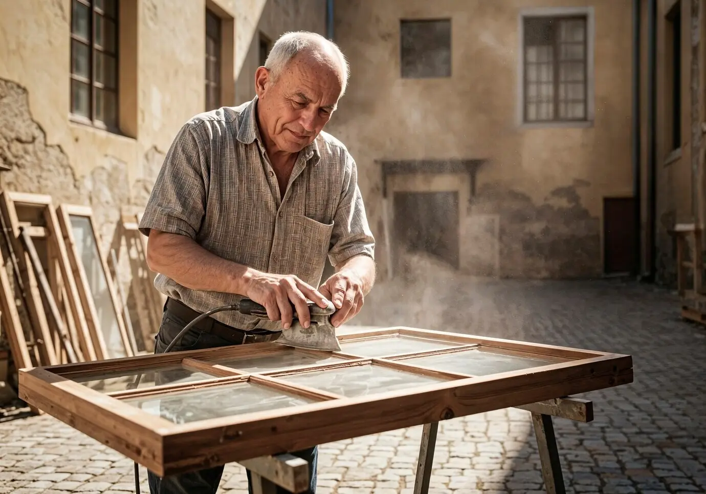 Ein Mann schleift im Freien einen Fensterrahmen.