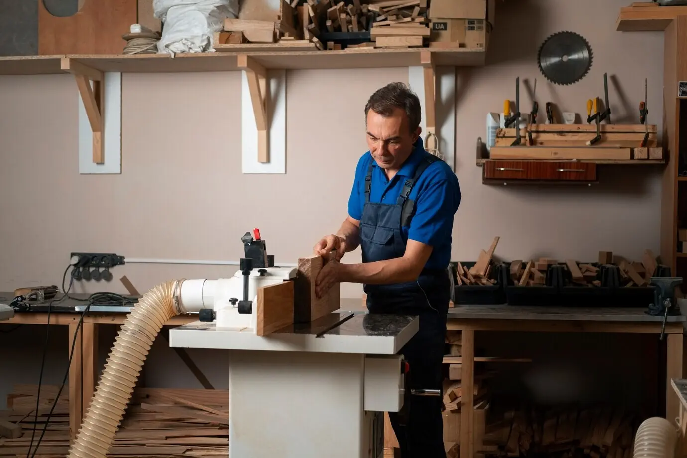 Ein Holzarbeiter in seiner Werkstatt, der mit Werkzeugen und Geräten arbeitet.